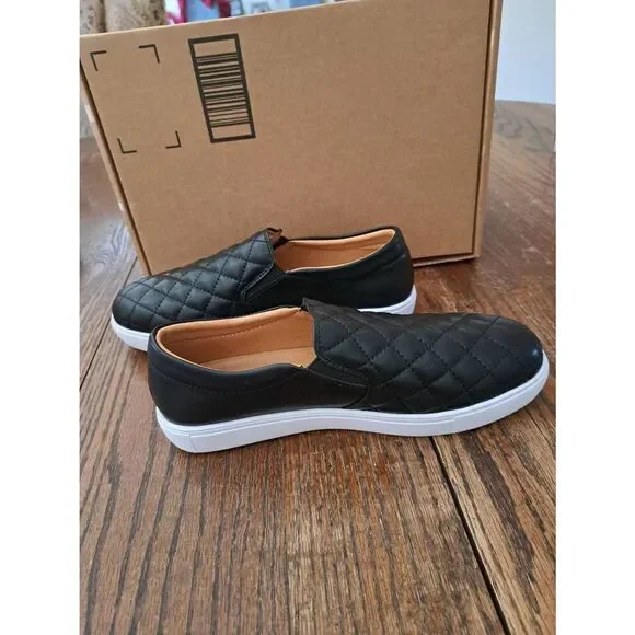 New Sz 8 Vocntvy Black Loafers Comfortable Casual Quilted Leather Slip On Shoes - Picture 10 of 12